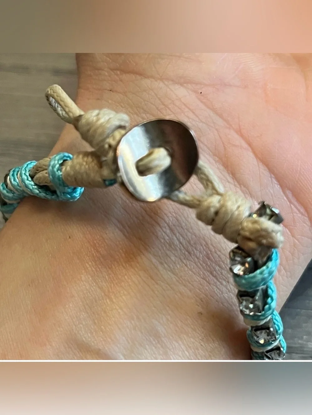Crystal Rhinestone Wrap Cord Bracelet Turquoise & Ivory Adjustable Boho